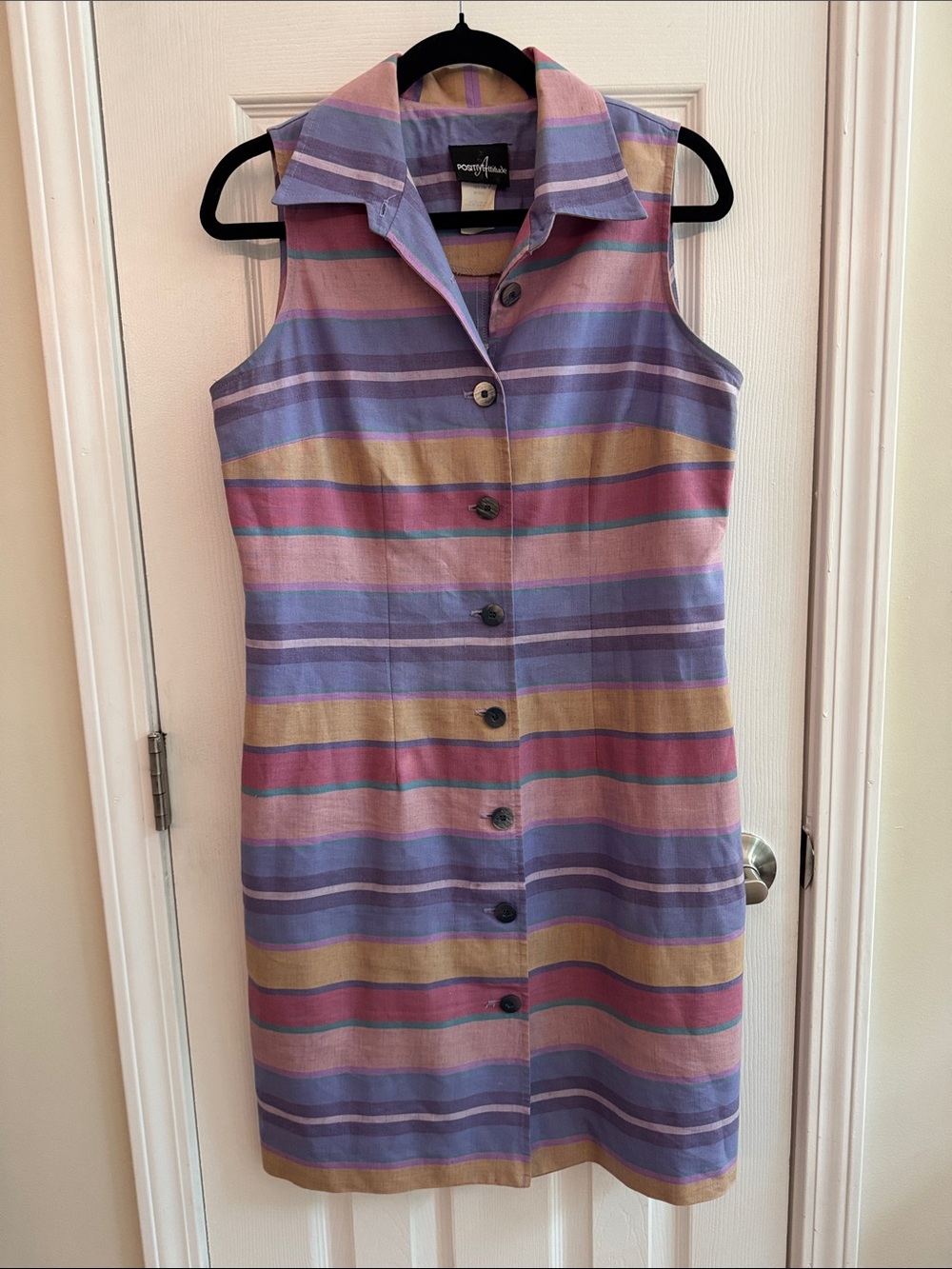 Vintage Linen Blend Colorful Striped Button Up Dress Size 10